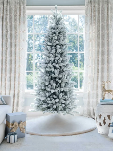 8' King Flock Slim Artificial Christmas Tree with 700 Warm White LED Lights For Sale