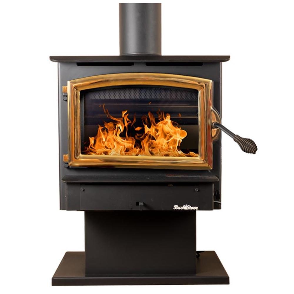Buck Stove Model 21 Non-Catalytic and Blower Assembly Standard Wood Burning Stove For Sale With Gold Door Finish For Sale - Image 3