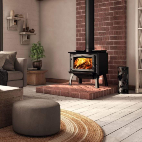 Osburn 1700 Wood Stove With Black Door Overlay & Black Cast Iron Straight Legs With Ash Drawer For Sale
