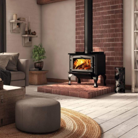 Osburn 1700 Wood Stove With Black Door Overlay & Black Cast Iron Traditional Legs With Ash Drawer For Sale