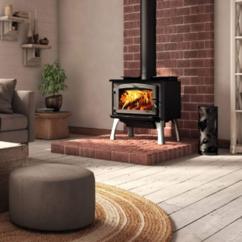 Osburn 1700 Wood Stove With Black Door Overlay & Brushed Nickel Cast Iron Straight Legs With Ash Drawer For Sale