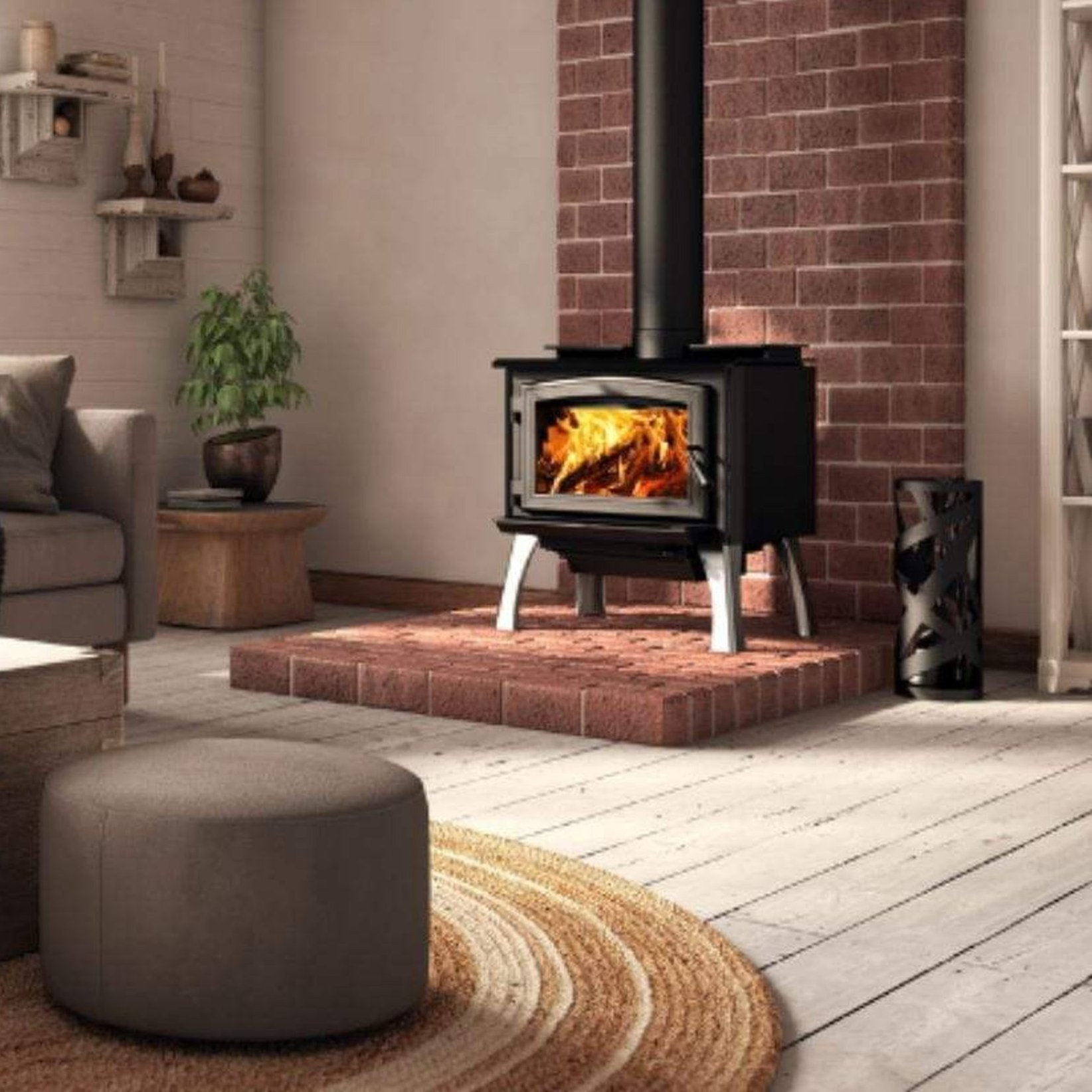 Osburn 1700 Wood Stove With Black Door Overlay & Brushed Nickel Cast Iron Straight Legs With Ash Drawer For Sale
