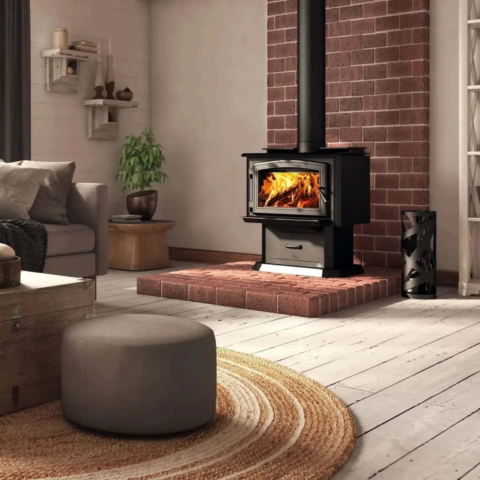 Osburn 1700 Wood Stove For Sale With Black Door Overlay & Pedestal With Ash Drawer