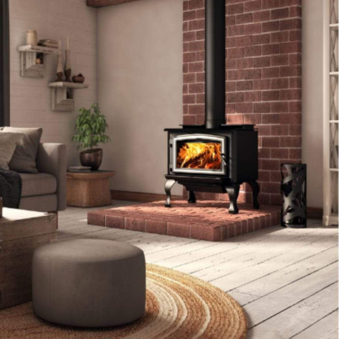 Osburn 1700 Wood Stove With Brushed Nickel Door Overlay & Black Cast Iron Traditional Legs With Ash Drawer For Sale