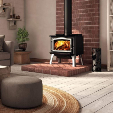 Osburn 1700 Wood Stove With Brushed Nickel Door Overlay & Black Cast Iron Straight Legs With Ash Drawer For Sale
