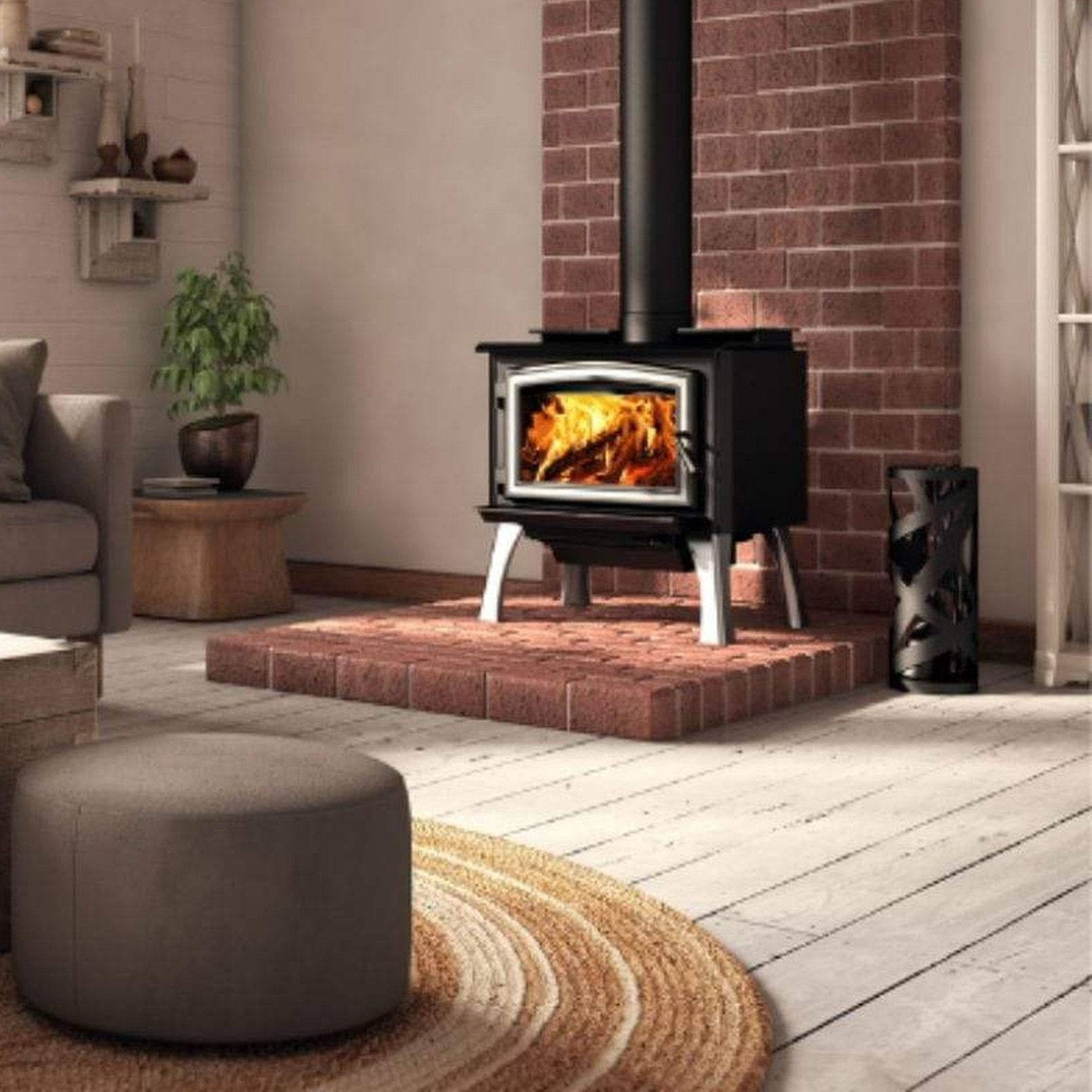 Osburn 1700 Wood Stove With Brushed Nickel Door Overlay & Black Cast Iron Straight Legs With Ash Drawer For Sale
