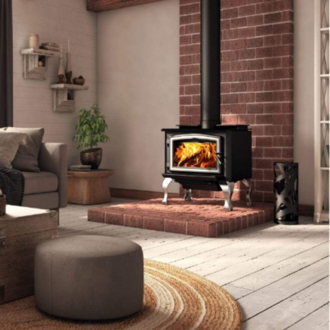 Osburn 1700 Wood Stove With Brushed Nickel Door Overlay & Brushed Nickel Cast Iron Traditional Legs With Ash Drawer For Sale