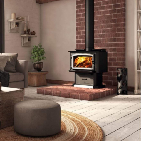 Osburn 1700 Wood Stove With Brushed Nickel Door Overlay & Pedestal With Ash Drawer For Sale