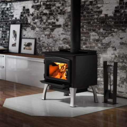 Osburn 2000 Wood Stove With Black Door Overlay & Brushed Nickel Cast Iron Straight Legs With Ash Drawer For Sale