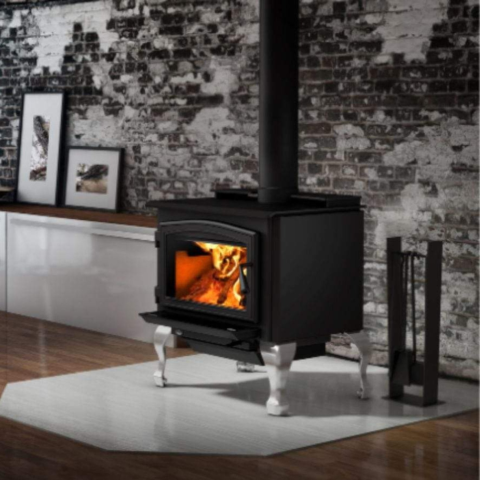 Osburn 2000 Wood Stove With Black Door Overlay & Brushed Nickel Cast Iron Traditional Legs With Ash Drawer For Sale
