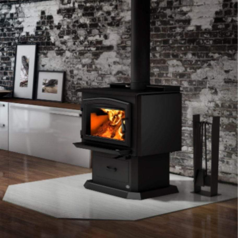 Osburn 2000 Wood Stove With Black Door Overlay & Pedestal With Ash Drawer For Sale