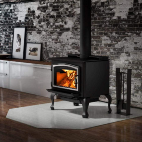 Osburn 2000 Wood Stove With Brushed Nickel Door Overlay & Black Cast Iron Traditional Legs With Ash Drawer For Sale