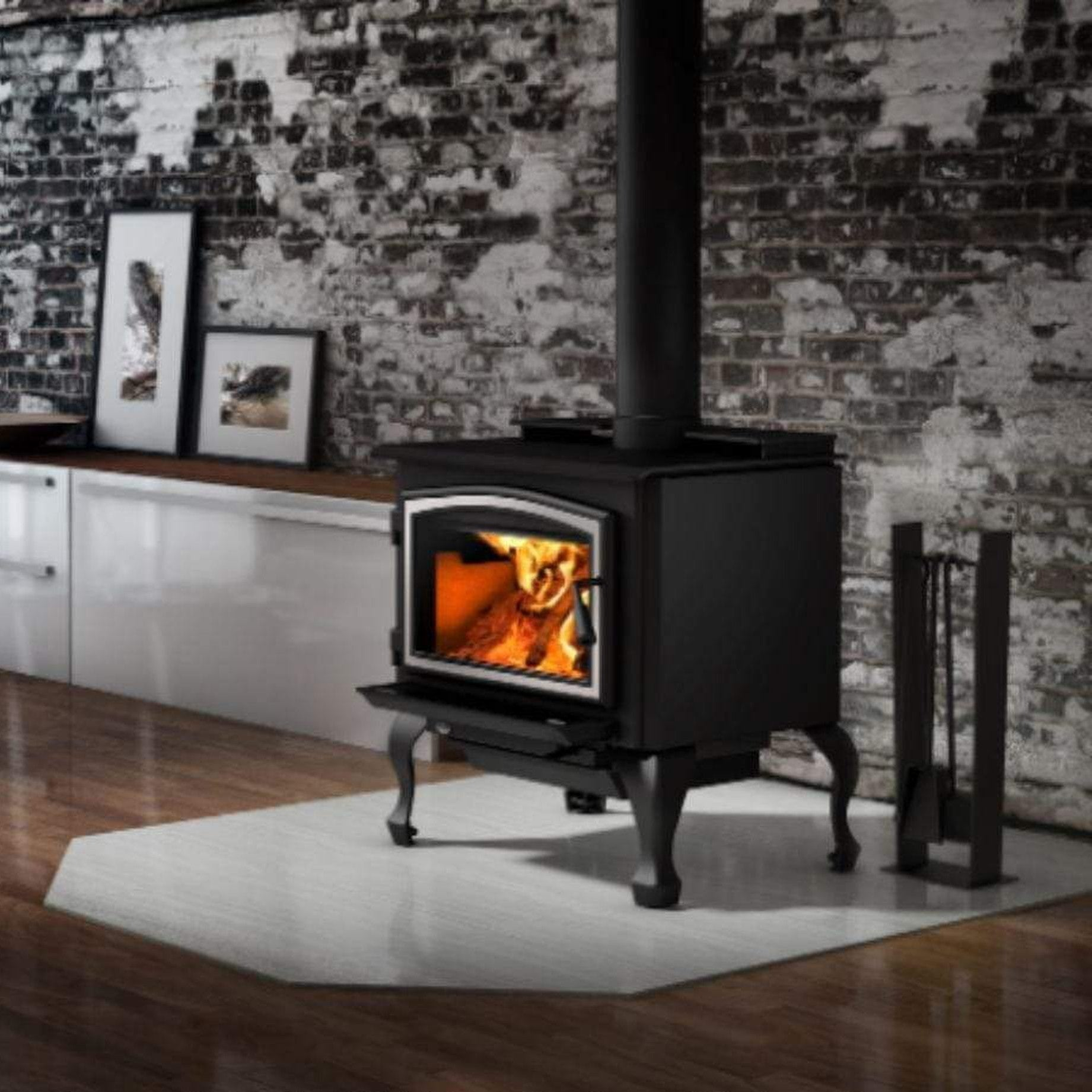 Osburn 2000 Wood Stove With Brushed Nickel Door Overlay & Black Cast Iron Traditional Legs With Ash Drawer For Sale