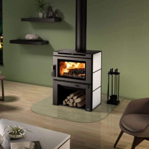 Osburn Matrix Wood Stove With Soapstone Side Panels Kit & Black Steel Panel Top For Sale