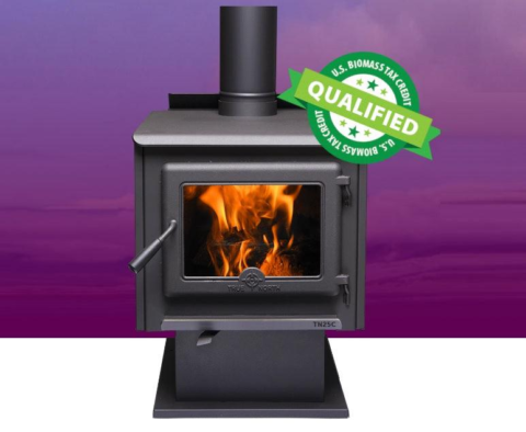 True North TN25C 22" Metallic Black Vented Wood Burning Stove With Pedestal Base, EPA2020 Certified For Sale